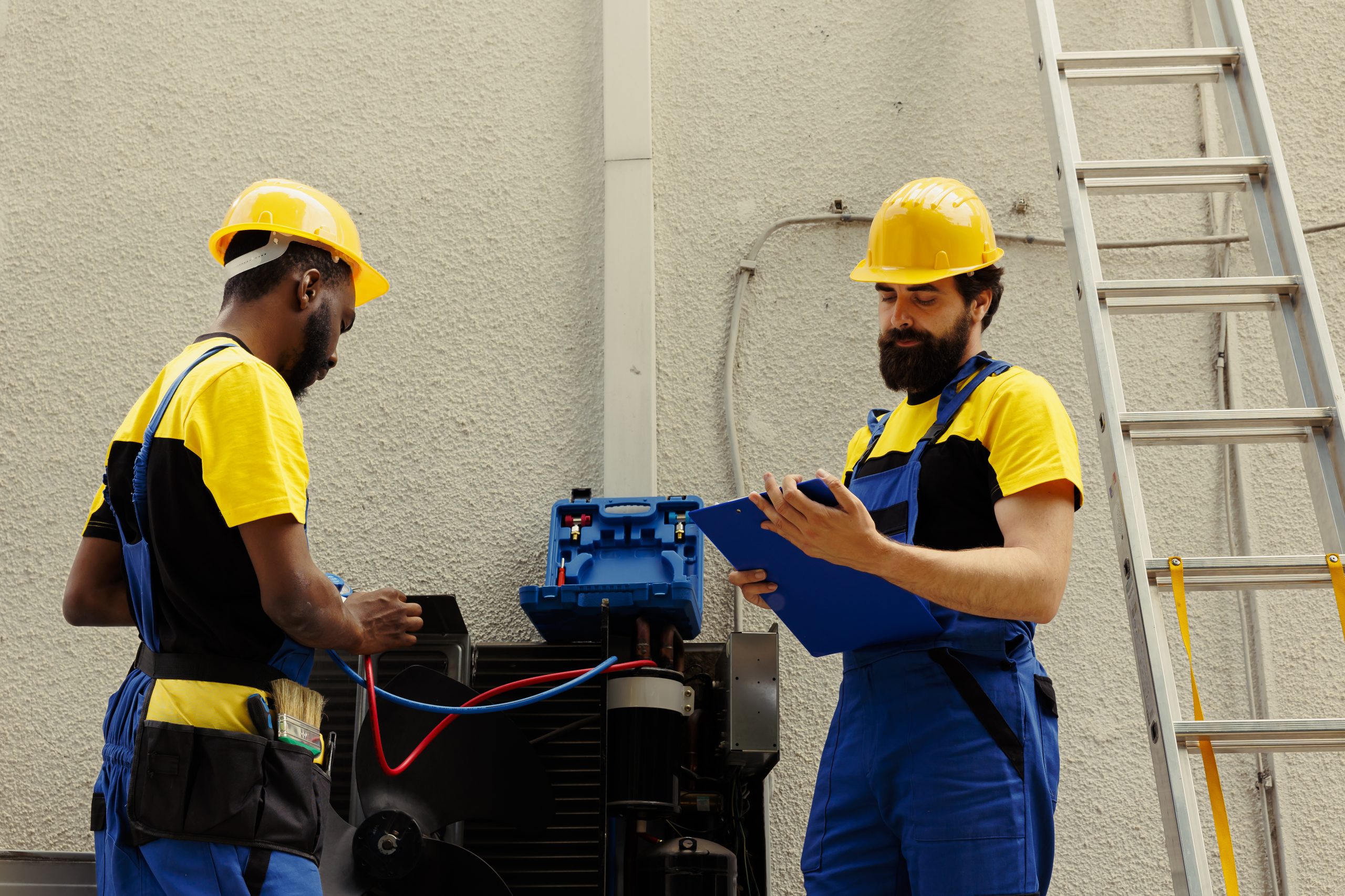 Dubai technician inspecting a fuse box while another checks an AC unit, demonstrating a full home maintenance inspection.