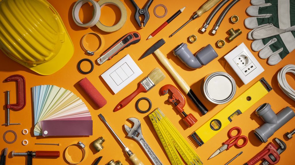 Collage of service icons representing AC, plumbing, handyman, painting, cleaning, and carpentry maintenance solutions in Dubai.