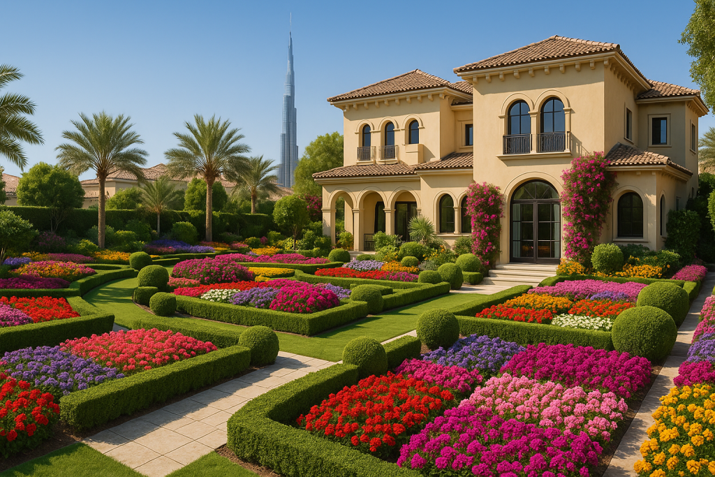 Gardening services Dubai - landscaped villa garden in full bloom.
