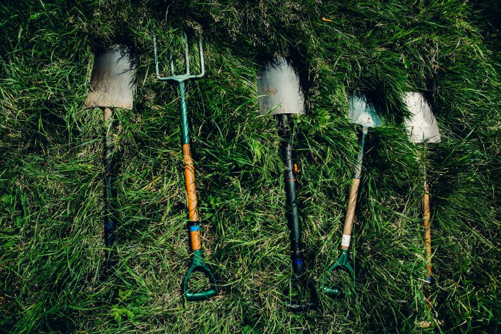 Gardening services Dubai - gardening tools on grass.