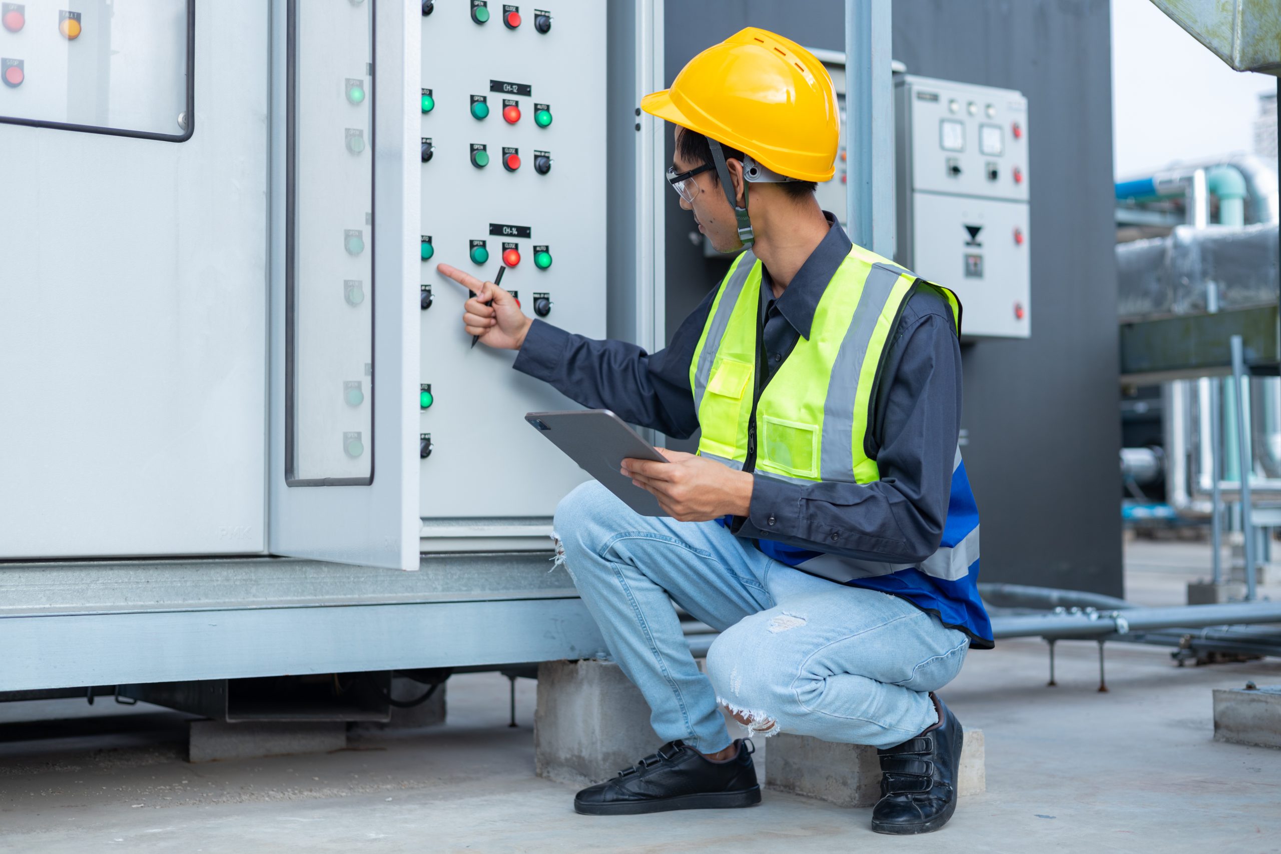 Electrician conducting general electrical maintenance in Abu Dhabi.