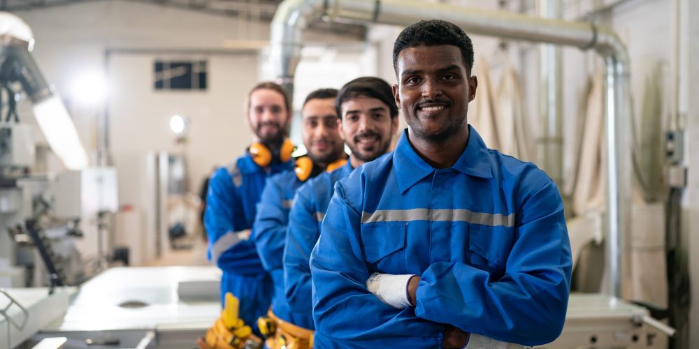 Group of AC technicians in uniforms with UAE skyline background, representing coil cleaning services across all emirates.